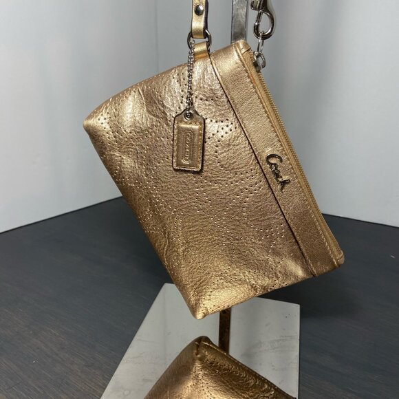 Coach Metallic Gold Leather Wristlet – Perforated Design – Silver Hardware - Picture 1 of 10